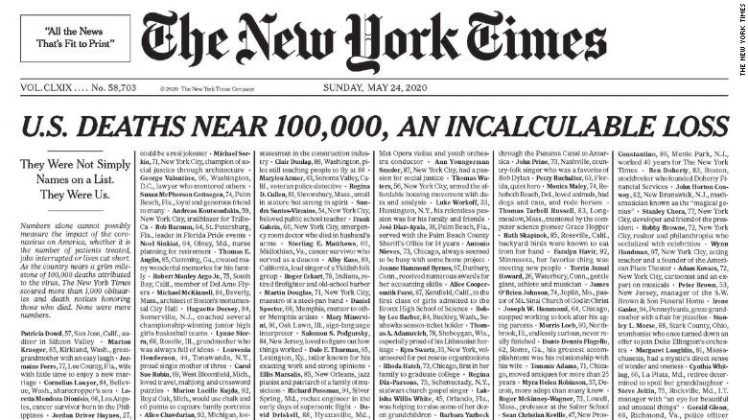 纽约时报周日头版公布1000名死于冠状病毒的患者 最重要的一个词是“不可估量” | 美洲华联社