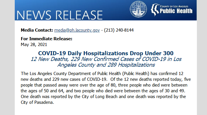 5月28日南加州疫情 洛县新增病例229 新增死亡病例12 美洲华联社
