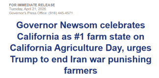 纽森在加州农业日庆祝加州蝉联全美第一农业州,并敦促特朗普结束惩罚农民的伊朗战争